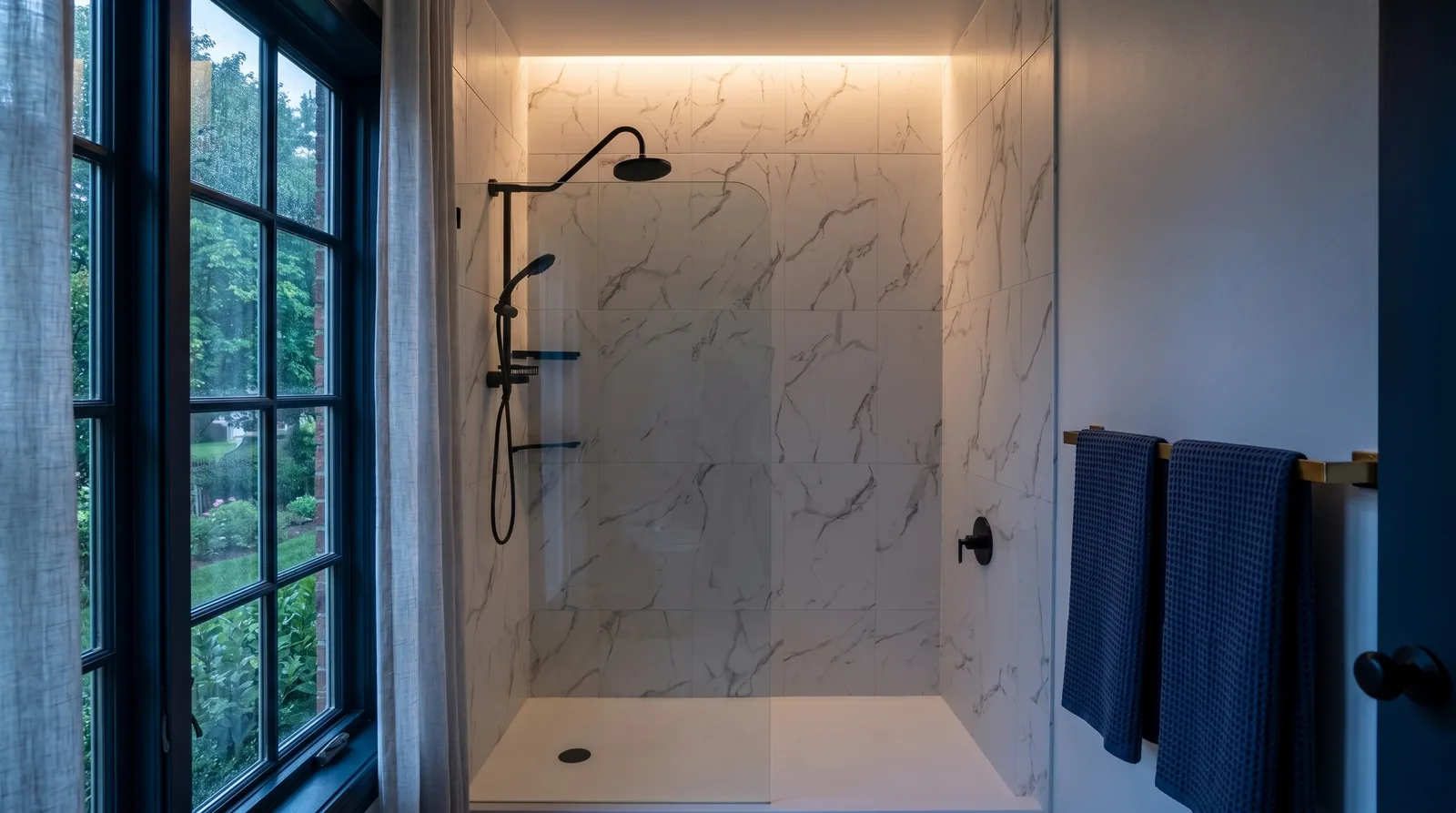 A serene primary bathroom with fluted glass on one side, book-matched Calacatta marble feature wall, and a brushed brass mirror