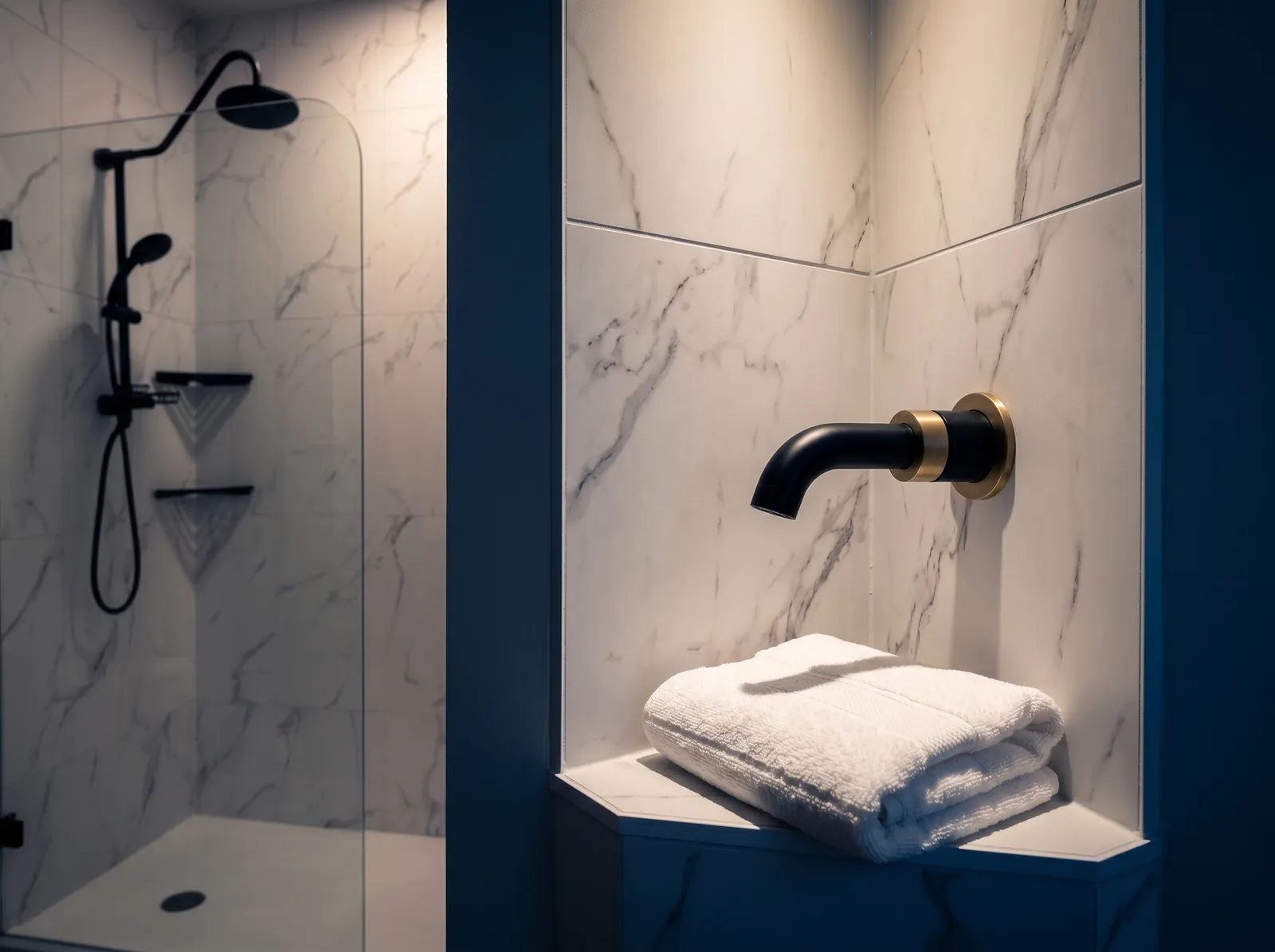 A craft moodboard of Calacatta Viola marble, fluted glass, champagne brass, oak, and travertine on an oak workbench