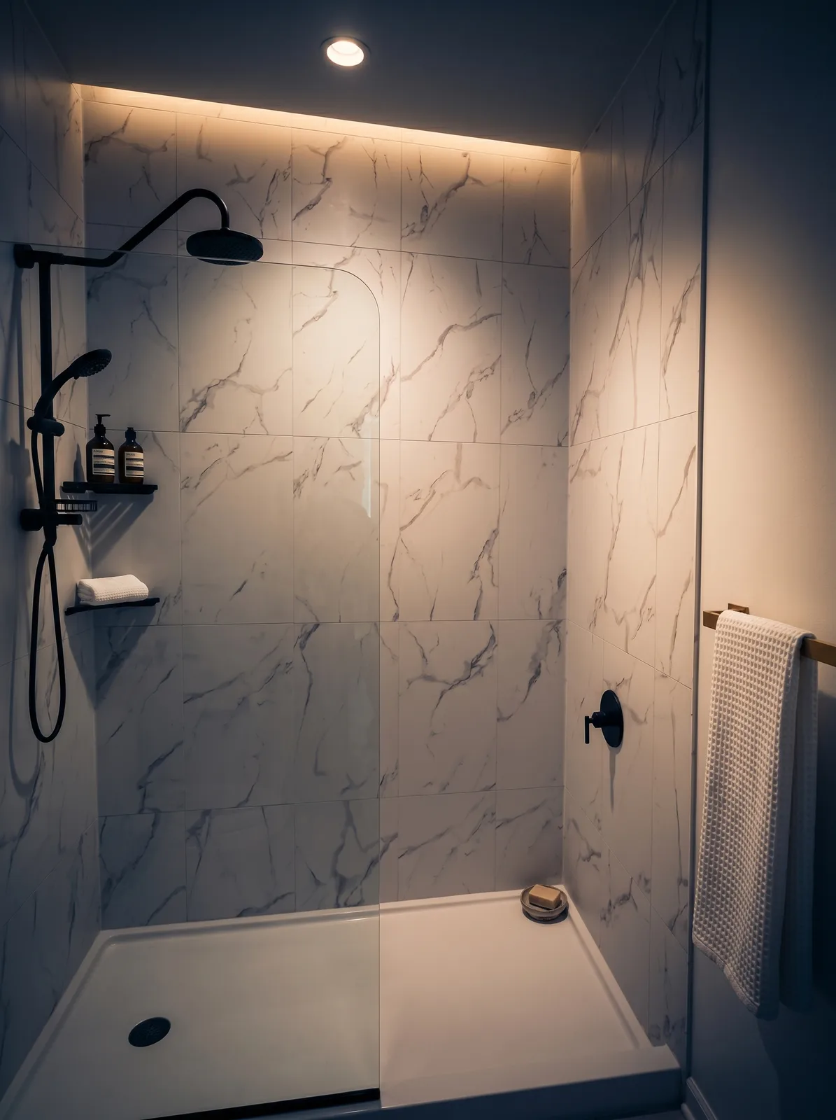 Coastal modern master bath with vaulted ceiling, alabaster pendants, and double marble vanity at dusk
