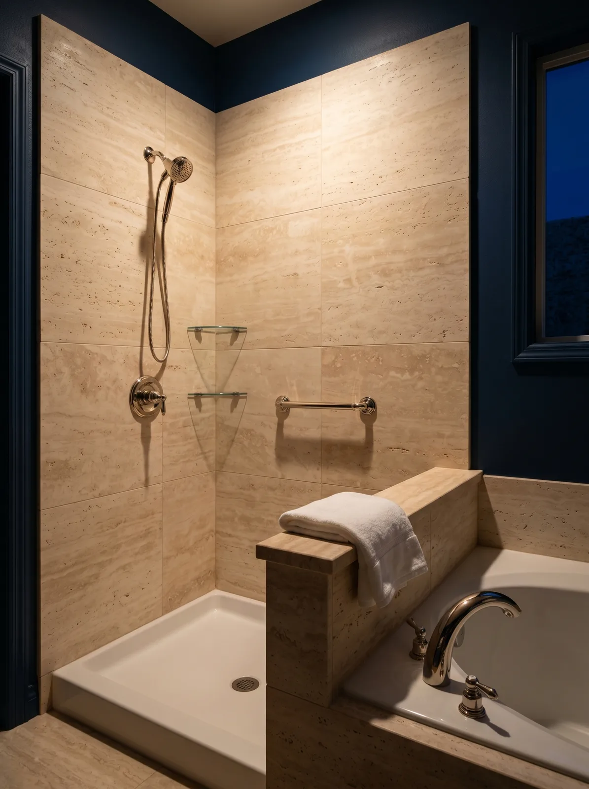 Finished corner of a bathroom: Calacatta Viola marble meeting champagne brass with a folded white linen towel