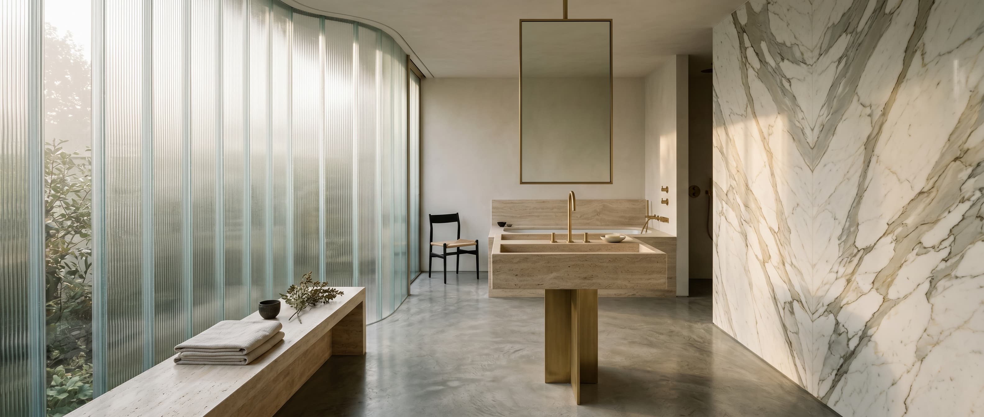 A serene primary bathroom with fluted glass on one side, book-matched Calacatta marble feature wall, and a brushed brass mirror