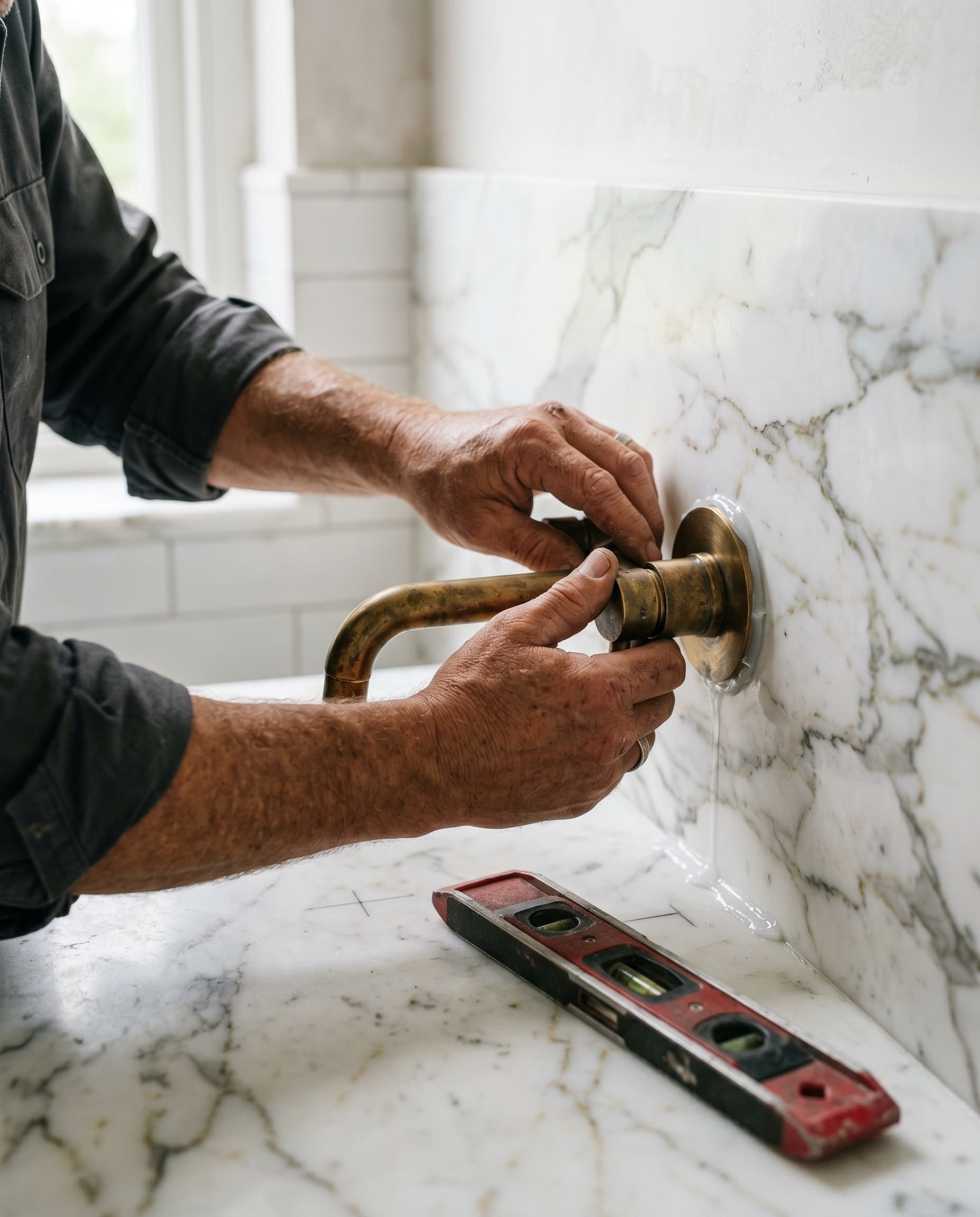 A craftsman's hands fitting an unlacquered brass faucet into Calacatta marble, with a precision level nearby