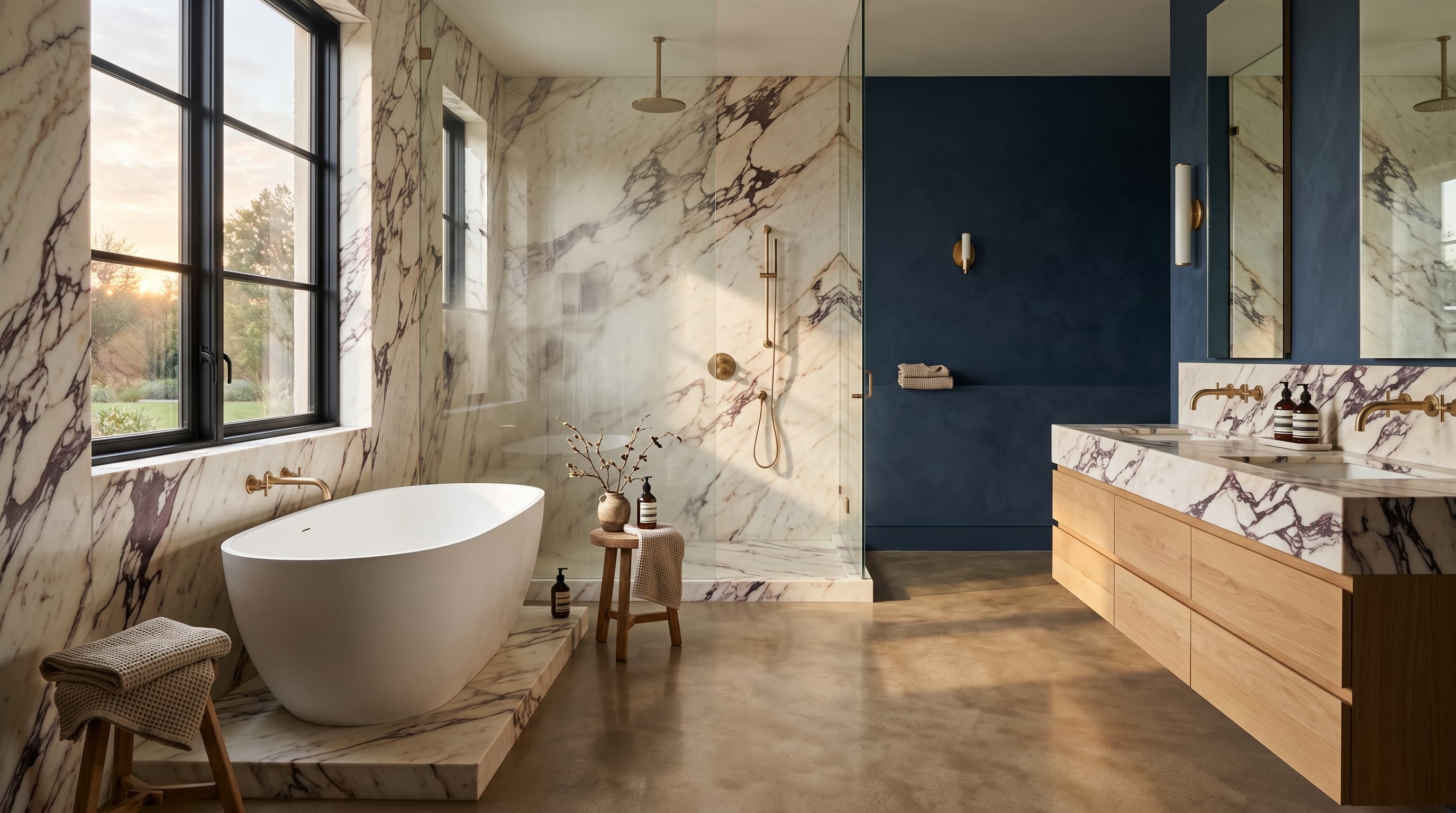 Calacatta Viola marble primary bathroom with freestanding tub, walk-in shower, navy accent wall, and champagne brass fixtures