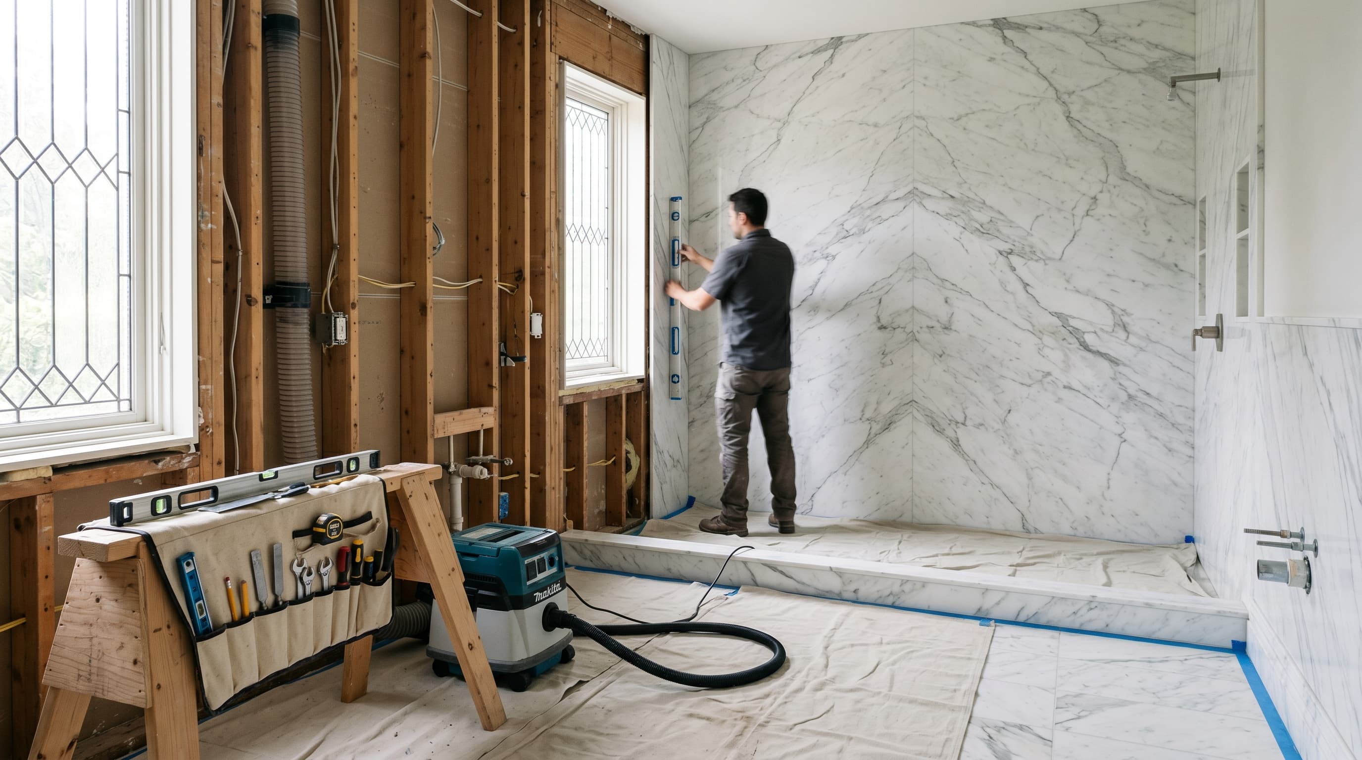 A luxury bathroom installation mid-progress, with Calacatta marble feature wall already in place, a craftsman setting a level, and a clean disciplined job site
