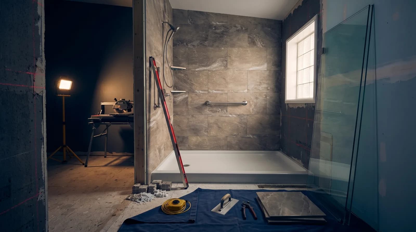 A luxury bathroom installation mid-progress, with Calacatta marble feature wall already in place, a craftsman setting a level, and a clean disciplined job site