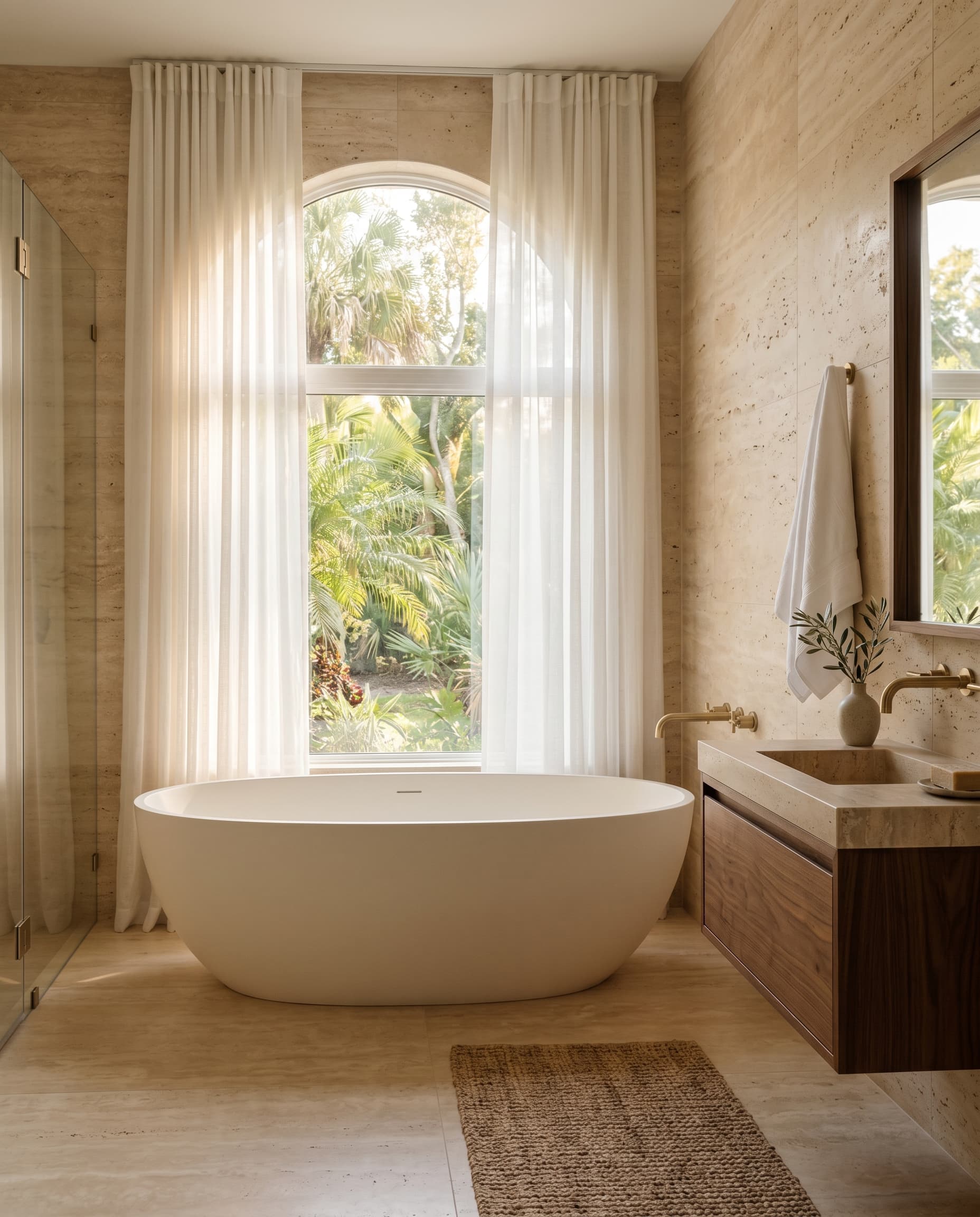 Travertine primary bathroom with arched window, freestanding tub, and walnut vanity in Bayshore, Tampa