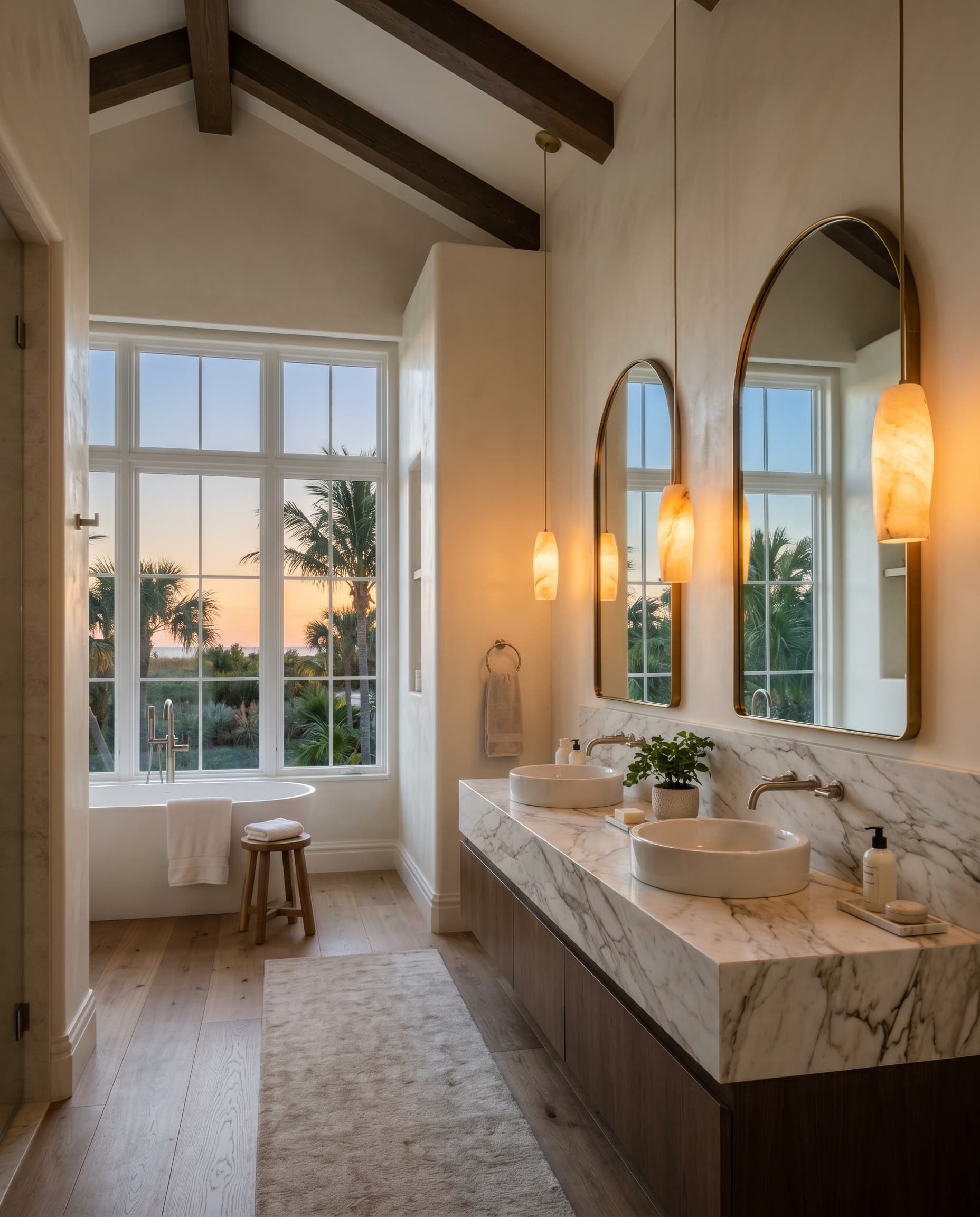 Coastal modern master bath with vaulted ceiling, alabaster pendants, and double marble vanity at dusk