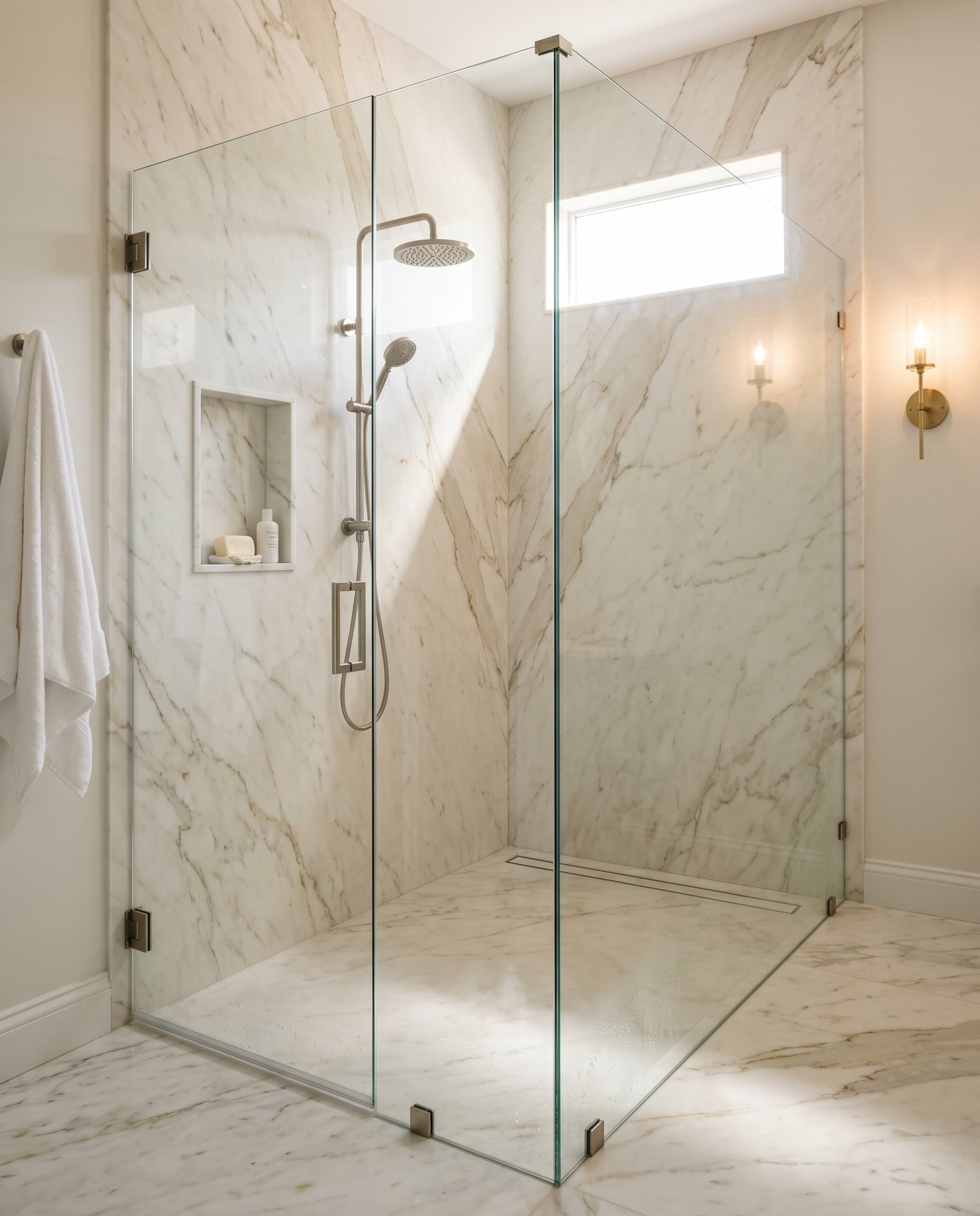 Curbless walk-in shower wet room with Calacatta Oro marble walls and frameless glass on Davis Islands