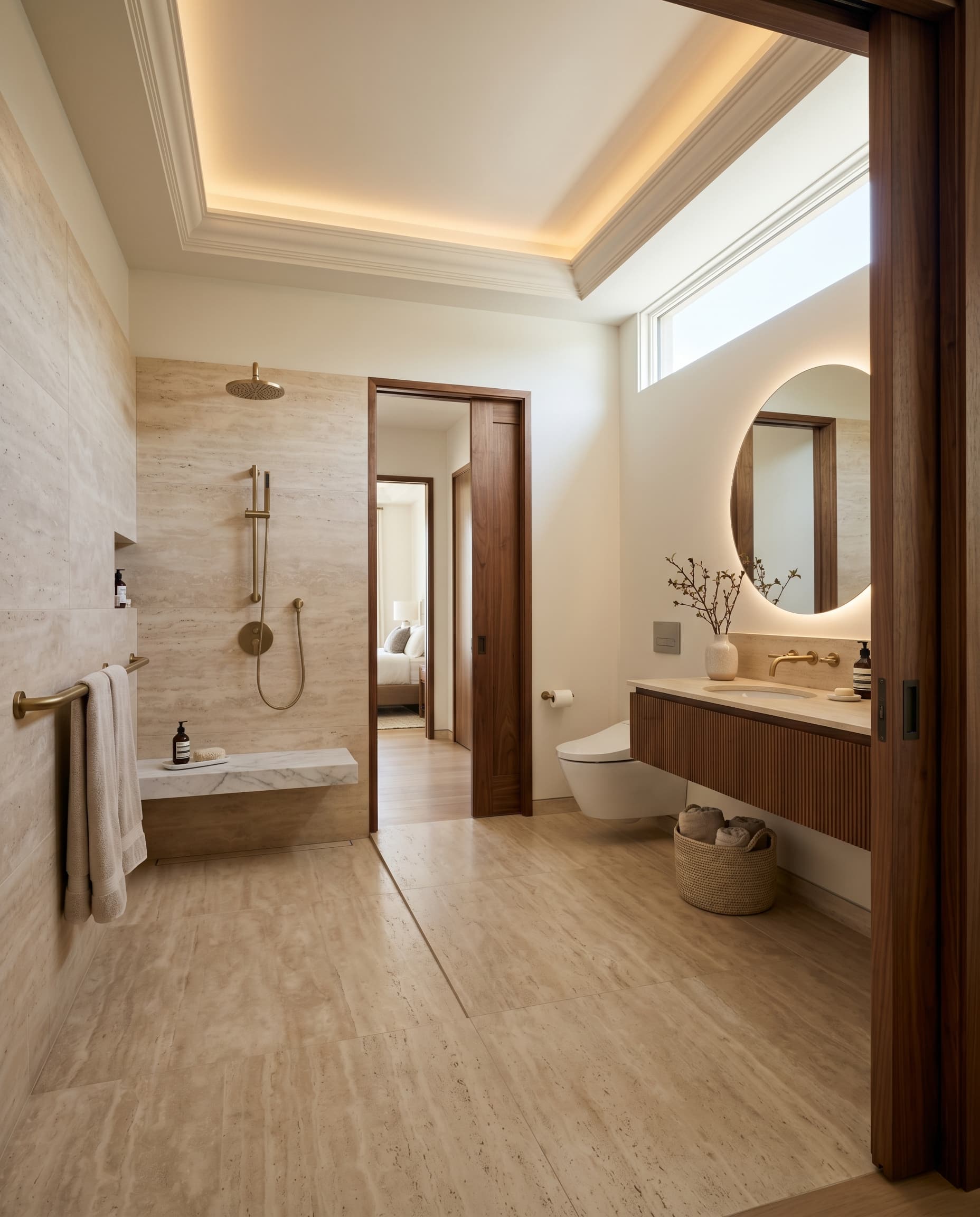 Aging-in-place travertine bathroom with curbless shower, integrated grab supports, and cove lighting